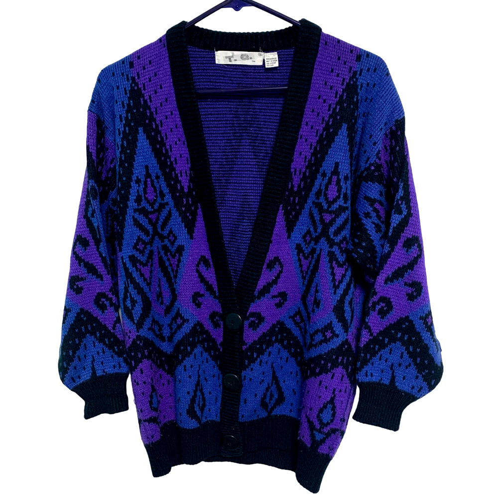 T.Q. Vintage 1980's Retro Patterned Acrylic Sweater Cardigan Size Small